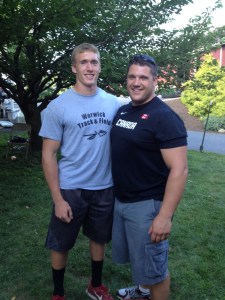 David hanging with Justin Rodhe, 2012 Olympian from Canada — both were throwing at today’s Garage Strength Cancer Fundraising event. 