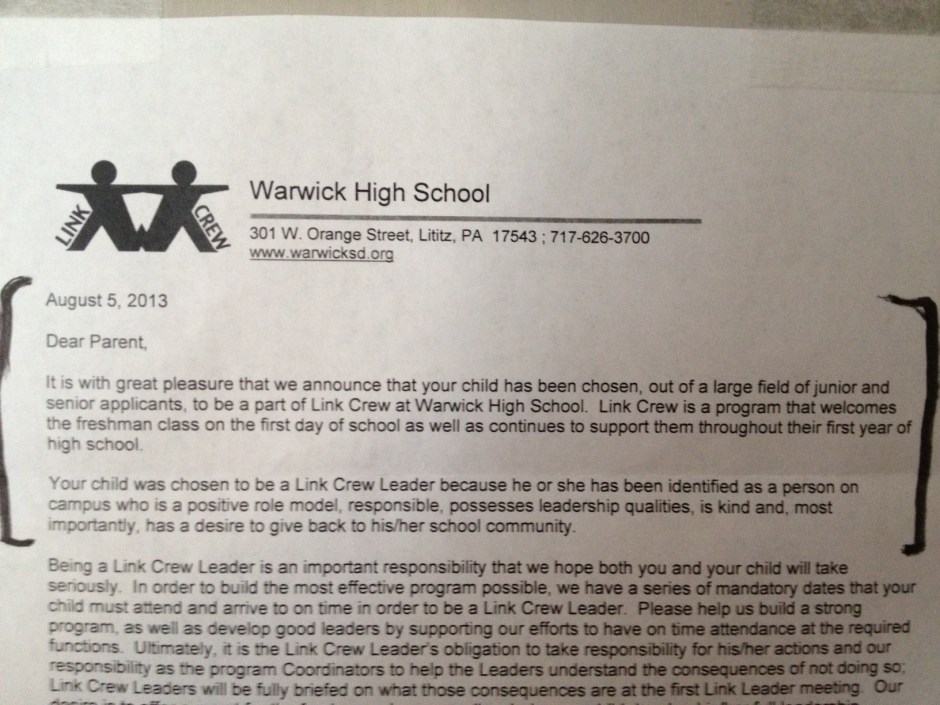 An honor for David to have been nominated and eventually selected by his high school teachers to serve in a leadership position with the incoming freshman class