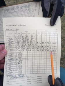 David Lucas - Discus score sheet 3-27-14 vs Manheim Central dual meet - Distance 167-8 new PR